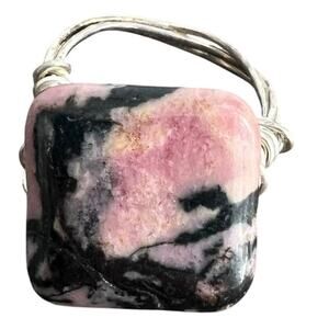 Handmade funky pink and black stone rhodonite and wire ring - size 6